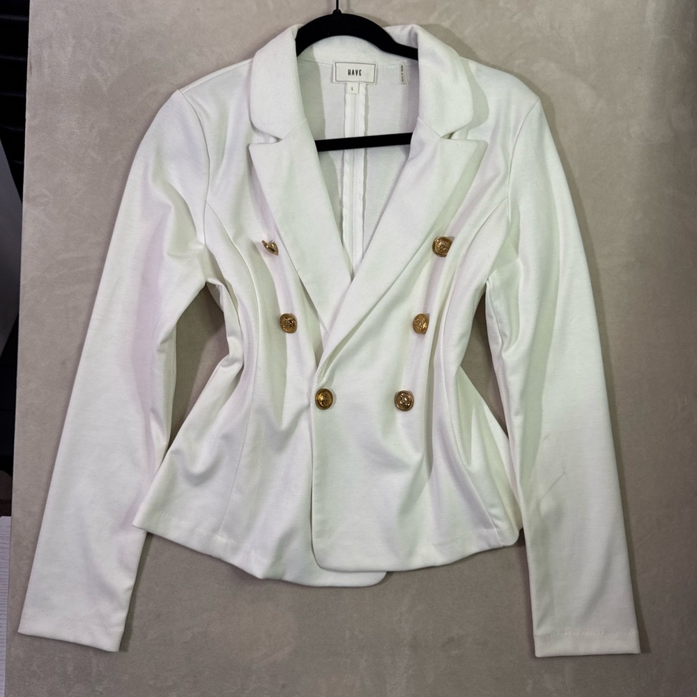 rave White Double-Breasted Blazer with Gold Buttons